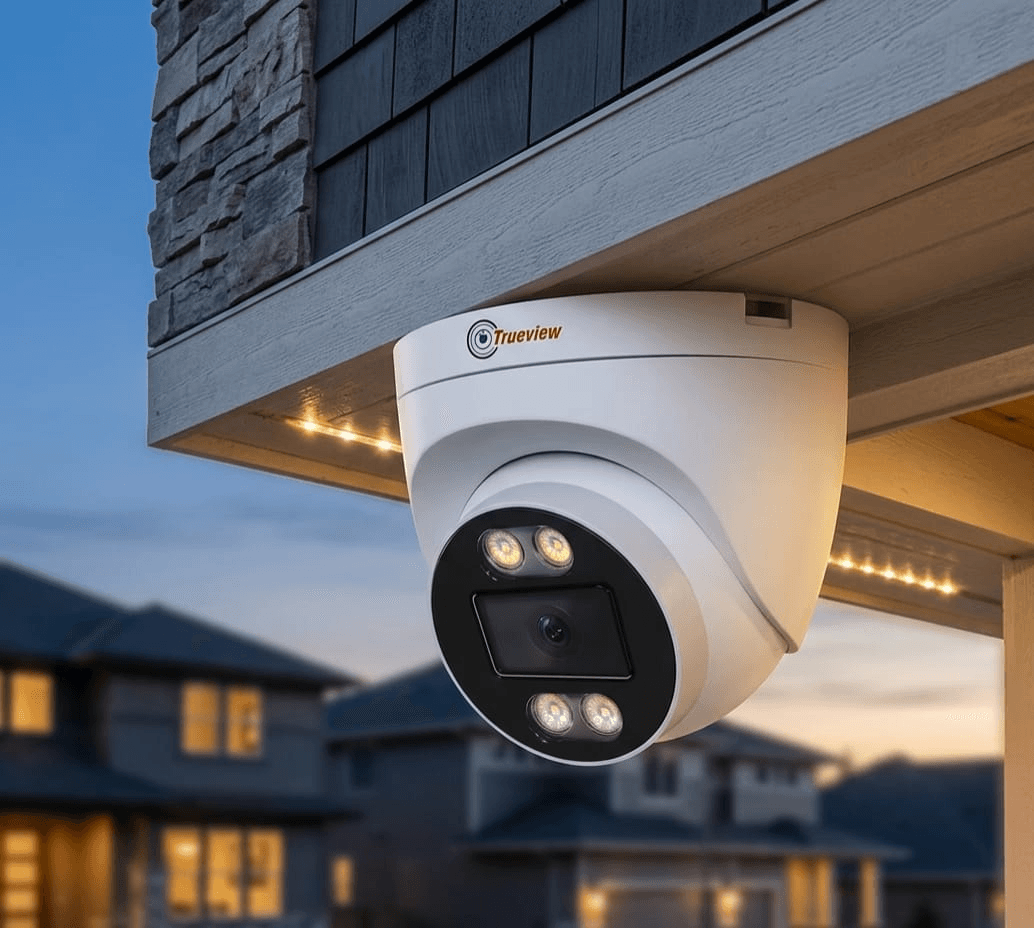 Full-colour outdoor security camera mounted under an eave at dusk