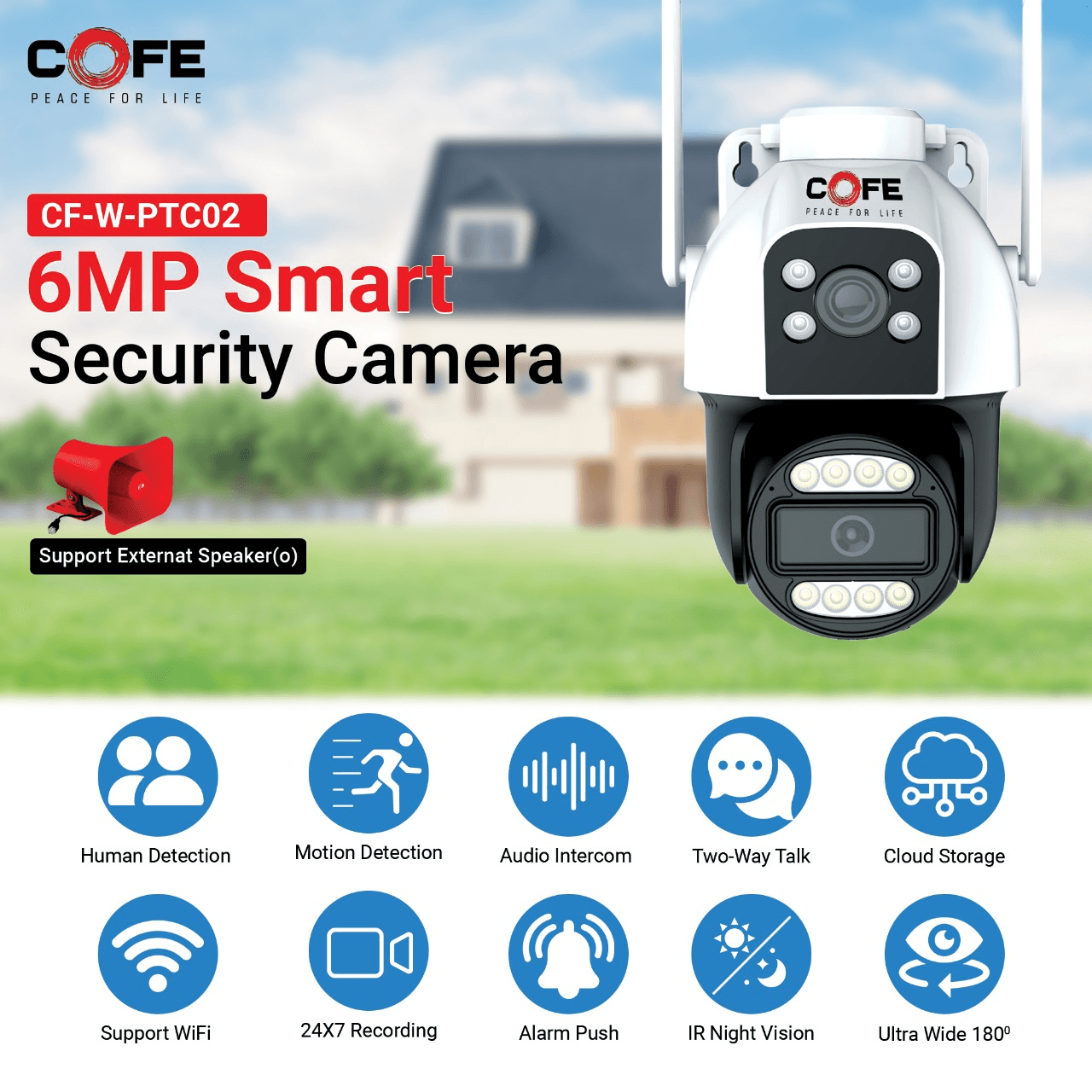 COFE 6MP smart security camera with feature highlights
